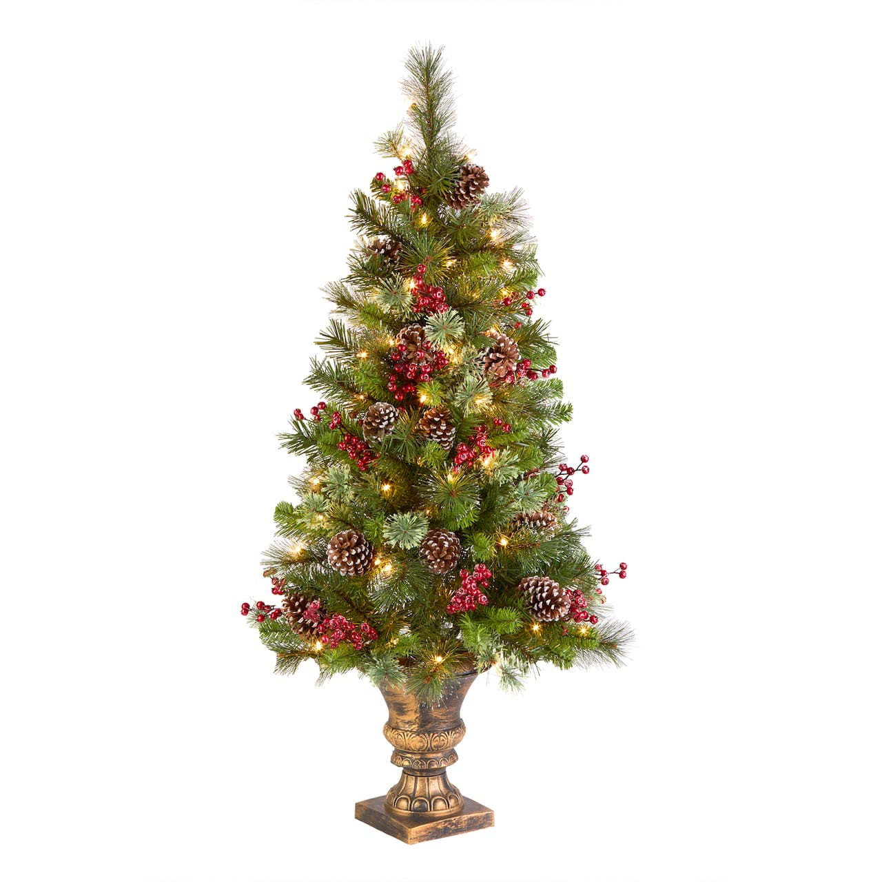 4ft. Pre-Lit Pine Iced Berry Pine Entrance Tree in Gold Urn, Clear Lights